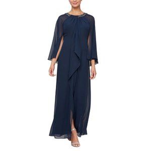 SLNY Chiffon Capelet Evening Dress Navy Blue 4